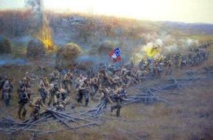 Beautiful print by Andy Thomas of Carthage, Missouri, entitled, "They Came Like Demons," depicting the western end of the December 7th, 1862, Battlefield of Prairie Grove, Arkansas. The Battle occurred when Confederate General Thomas C. Hindman, marched north from Fort Smith, Arkansas, with almost 11,000 troops and was met by about 8500 Union Troops, with superior artillery, at the small hamlet of Prairie Grove. After an all day battle, and combined casualties of about 2500 killed and wounded, the Confederates left the field, and returned to Fort Smith, nearly out of ammunition. Today the Prairie Grove Battlefield is an Arkansas State Park, with about 900 acres of the battlefield preserved, and an excellent museum, well worth a visit if you are in the NW Arkansas area. Click the icon to see a few images of the Battlefield Park. 