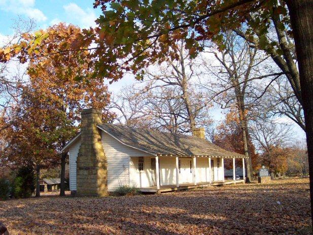 John Morrow House from Cove Creek, Arkansas, now at the Prairie Grove Battlefield State Park. It was used by both Sterling Price, and Thomas Carmichael Hindman, at different times, as Headquarters.