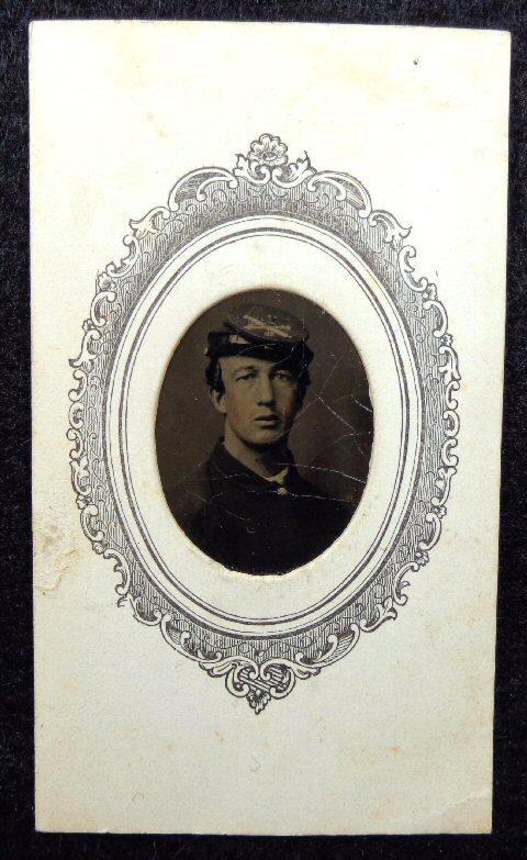 Nice Tintype of Artillery Soldier of Co. L, 4th Artillery, in Cdv Mount with Great Photographer's Label 