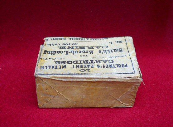 Nice Original Box For .50 Caliber Smith Carbine Cartridges w/Five Excellent Cartridges Intact, Packet of Percussion Caps, and Sharp Print - 1863 - Poultney & Trimble - Baltimore. 