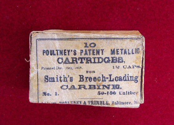 Nice Original Box For .50 Caliber Smith Carbine Cartridges w/Five Excellent Cartridges Intact, Packet of Percussion Caps, and Sharp Print - 1863 - Poultney & Trimble - Baltimore. 