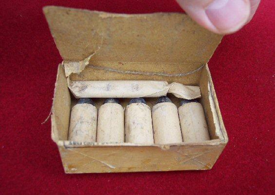 Nice Original Box For .50 Caliber Smith Carbine Cartridges w/Five Excellent Cartridges Intact, Packet of Percussion Caps, and Sharp Print - 1863 - Poultney & Trimble - Baltimore. 