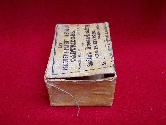 Nice Original Box For .50 Caliber Smith Carbine Cartridges w/Five Excellent Cartridges Intact, Packet of Percussion Caps, and Sharp Print - 1863 - Poultney & Trimble - Baltimore. 