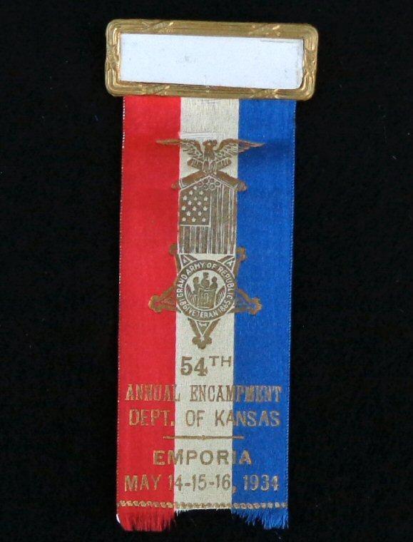 Nice Group of Four Consecutive Year Kansas G.A.R. Ribbons/Badges - 1932 - 1935 - Emporia, Kansas, 1934 