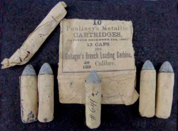 Five Gallager Carbine Cartridges, along with the Printed Box Top, and Roll of Percussion Caps