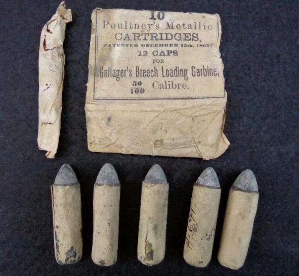 Five Gallager Carbine Cartridges, along with the Printed Box Top, and Roll of Percussion Caps