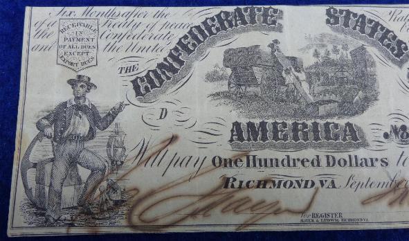 Very Good to Fine Confederate T-13, One Hundred Dollar Note, dated Sept. 2nd, 1861