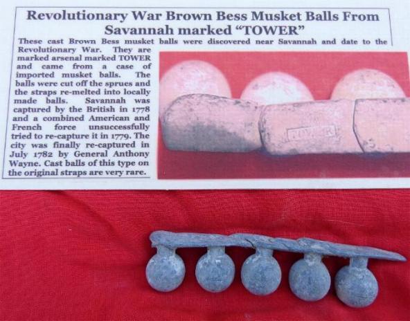 Set of Five Revolutionary War Musket Balls - Still on Gang Mold Strip 