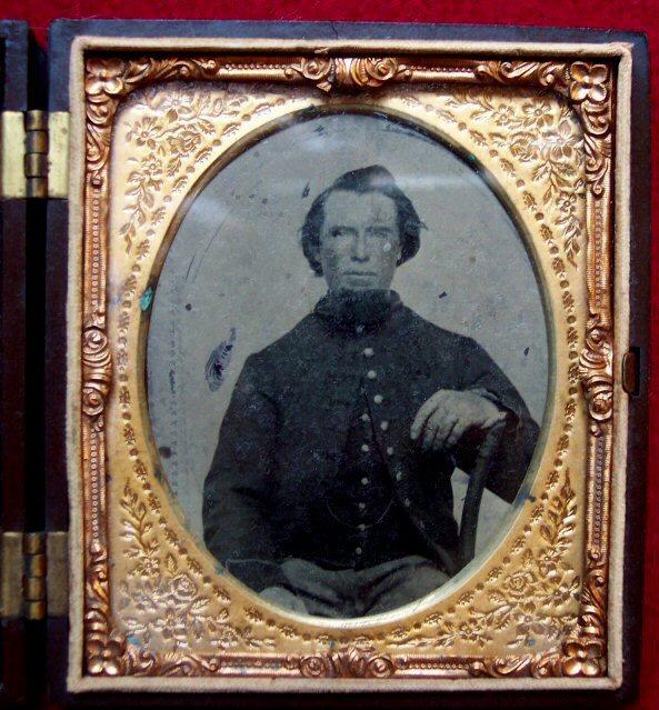 Serious Looking US Soldier Tintype w/State Jacket, In Gutta Percha Case 