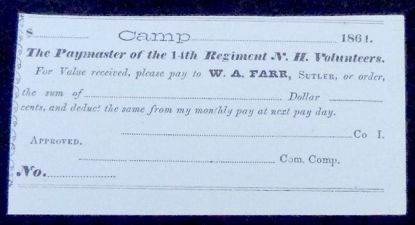  Fine Condition Unused Civil War Period Sutlers Note