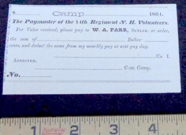  Fine Condition Unused Civil War Period Sutlers Note