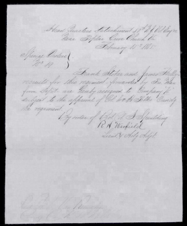 Fine February, 1865, Handwritten Document from the 50th New York Engineers