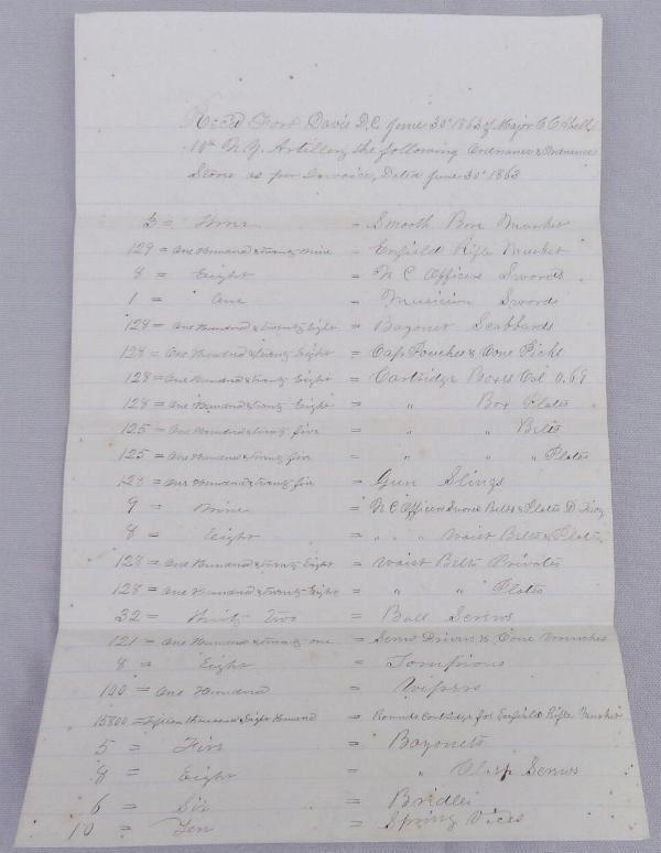 10th New York Artillery, 1863 Hand Written Ordnance Document  