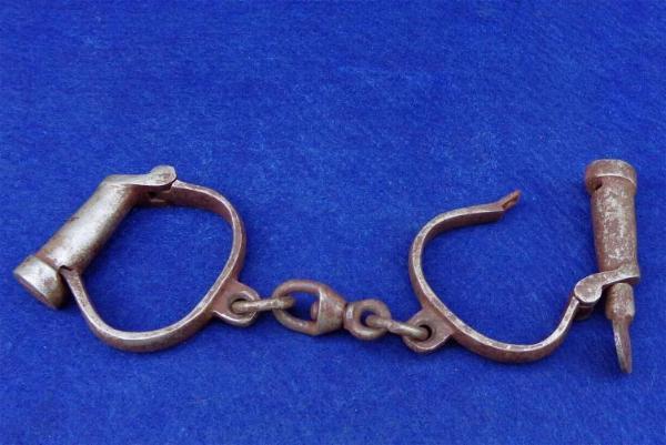 Fine Pair of Early Hiatt Marked Handcuffs with Key