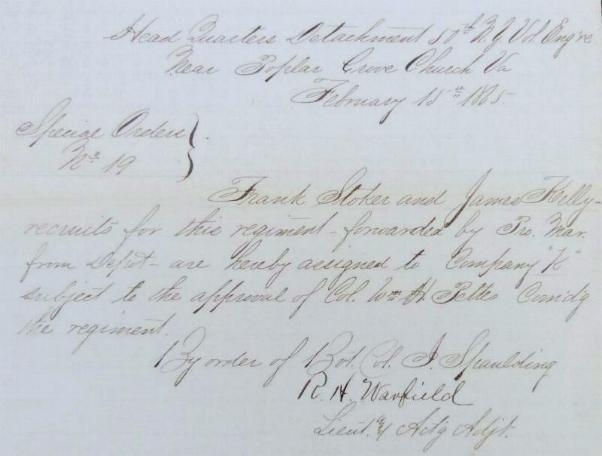 Fine February, 1865, Handwritten Document from the 50th New York Engineers