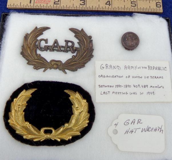 Nice G.A.R. or Grand Army of the Republic Group with Two Hat Badges and Lapel Pin