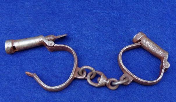 Fine Pair of Early Hiatt Marked Handcuffs with Key