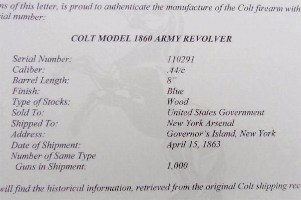 Nice M1860 .44 Caliber Colt Army Revolver  & Colt Factory Letter 