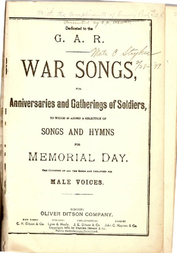 "War Songs" Songbook, "Dedicated to the G.A.R." - Published in 1883 - Very Good Condition  