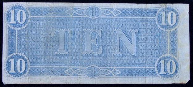 Fine/Very Fine Confederate T-68 Ten Dollar Note w/Nice Red Color 