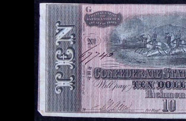 Fine/Very Fine Confederate T-68 Ten Dollar Note w/Nice Red Color 