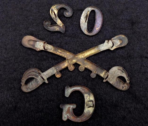 Original Non Dug Civil War Period Crossed Sabers Cavalry Insignia, Hat Numbers 2 & 0, and Company Letter G.