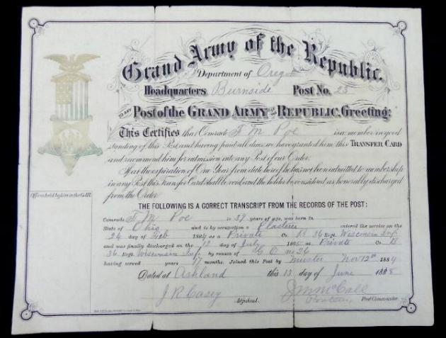 1888 Dated G.A.R. or Grand Army of the Republic Transfer Certificate for a member of Co. B, 36th Wisconsin Infantry - Francis M. Poe