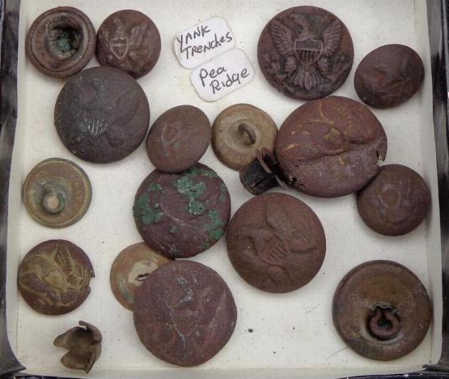 Group of Eagle buttons, button backs, percussion caps - Recovered on Private Property near the Pea Ridge, Arkansas, Battlefield 