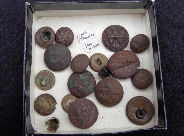 Group of Eagle buttons, button backs, percussion caps - Recovered on Private Property near the Pea Ridge, Arkansas, Battlefield 