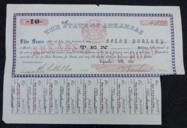 Fine 1861, Dated Arkansas War Bond - Issued to Solon Borland, Arkansas, Senator, Editor, and Confederate Colonel
