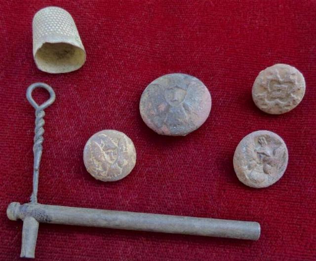 Nice Small Group of Dug Relics Including - Eagle Buttons, a Friction Primer, a Thimble, and a Civilian Button 
