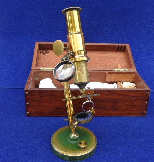 Super Nice Mid-1800's Brass Microscope with Original Locking Wood Box, Glass Slides, Brass Tweezers, etc. - Manufactured by James W. Queen & Co. Philadephia 