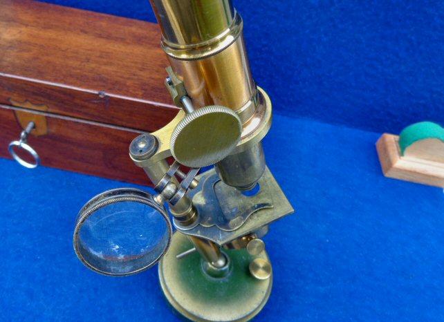 Super Nice Mid-1800's Brass Microscope with Original Locking Wood Box, Glass Slides, Brass Tweezers, etc. - Manufactured by James W. Queen & Co. Philadephia 