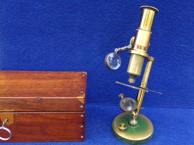 Super Nice Mid-1800's Brass Microscope with Original Locking Wood Box, Glass Slides, Brass Tweezers, etc. - Manufactured by James W. Queen & Co. Philadephia 