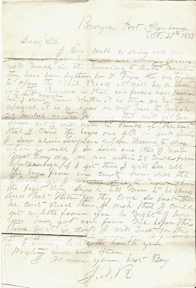 1863 Letter of Unknown Union Soldier at Bridgeport, Alabama, and headed for Chattanooga, Tennessee. 