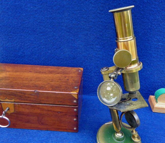 Super Nice Mid-1800's Brass Microscope with Original Locking Wood Box, Glass Slides, Brass Tweezers, etc. - Manufactured by James W. Queen & Co. Philadephia 