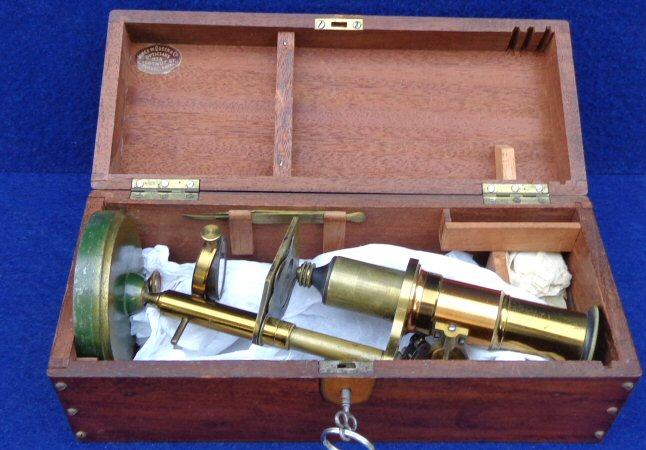 Super Nice Mid-1800's Brass Microscope with Original Locking Wood Box, Glass Slides, Brass Tweezers, etc. - Manufactured by James W. Queen & Co. Philadephia 