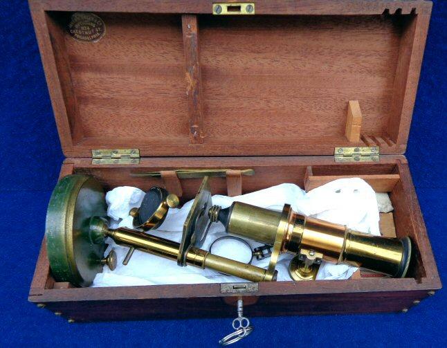 Super Nice Mid-1800's Brass Microscope with Original Locking Wood Box, Glass Slides, Brass Tweezers, etc. - Manufactured by James W. Queen & Co. Philadephia 