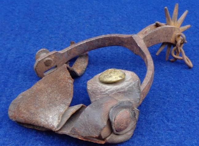 Huge Western Pattern Iron Spur, w/eagle button on the strap, and similar to Spur W5 in Howard Crouches' book, Historic American Spurs. 