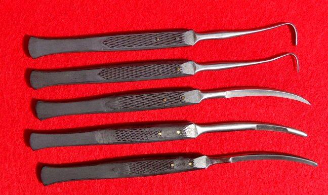 Three Surgical Bistouries & Two Tenaculum - All Civil War Ear & Maker Marked 