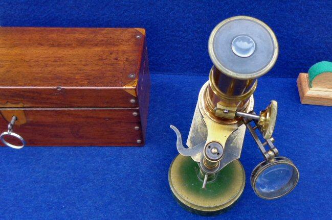 Super Nice Mid-1800's Brass Microscope with Original Locking Wood Box, Glass Slides, Brass Tweezers, etc. - Manufactured by James W. Queen & Co. Philadephia 