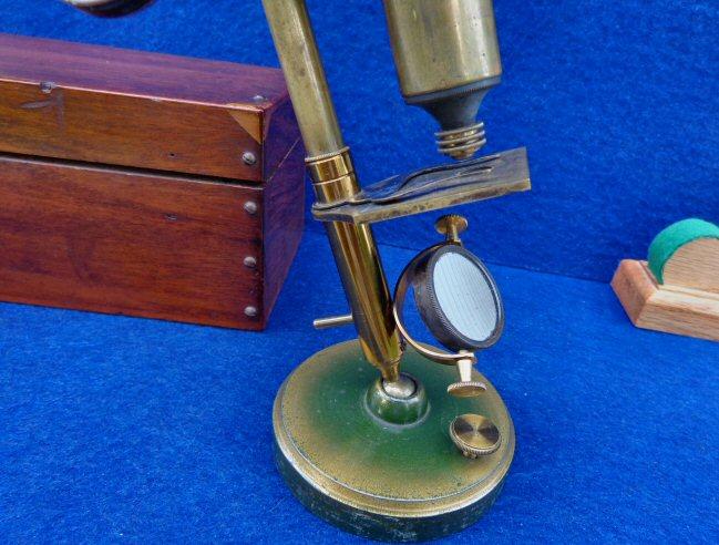 Super Nice Mid-1800's Brass Microscope with Original Locking Wood Box, Glass Slides, Brass Tweezers, etc. - Manufactured by James W. Queen & Co. Philadephia 