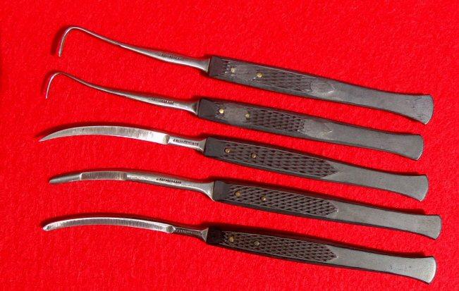 Three Surgical Bistouries & Two Tenaculum - All Civil War Ear & Maker Marked 