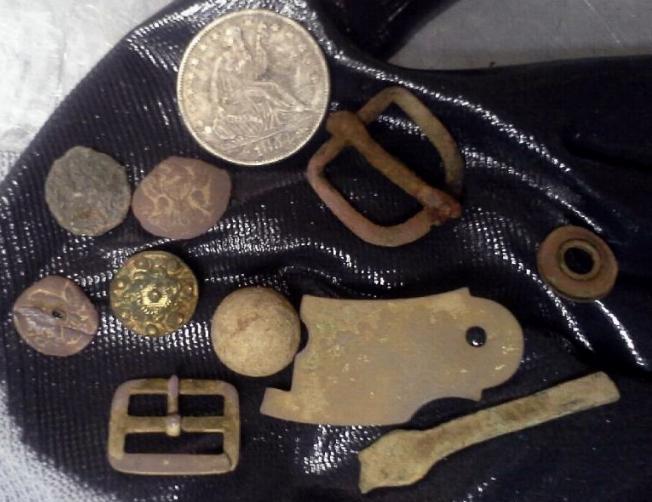 Nice bunch of relics recovered by Doug Dorothy, including an 1854 Seated Liberty Half Dollar.
