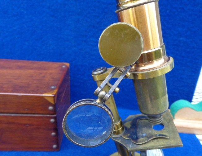 Super Nice Mid-1800's Brass Microscope with Original Locking Wood Box, Glass Slides, Brass Tweezers, etc. - Manufactured by James W. Queen & Co. Philadephia 