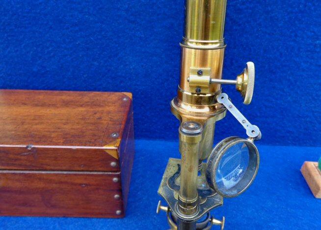 Super Nice Mid-1800's Brass Microscope with Original Locking Wood Box, Glass Slides, Brass Tweezers, etc. - Manufactured by James W. Queen & Co. Philadephia 