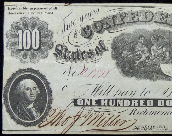 Exceptional VF/XF Rare Confederate T-7 July of 1861, One hundred dollar note 