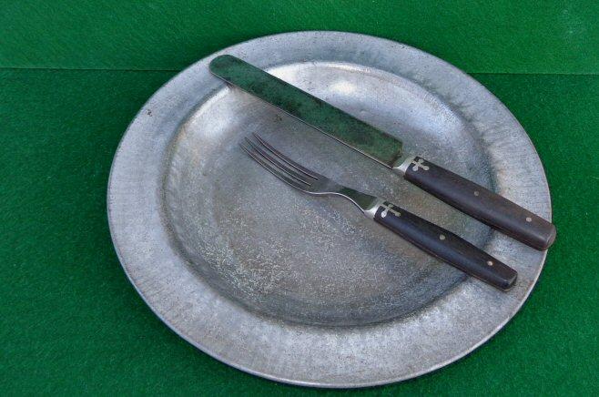 Nice Original Civil War Period Tin Plate with Matching 3-Tine Fork & Knife