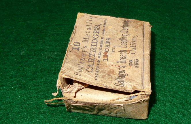 Original 1863 Poultney's Patent - Box, Five .50 Caliber Gallager Cartridges, & Caps 