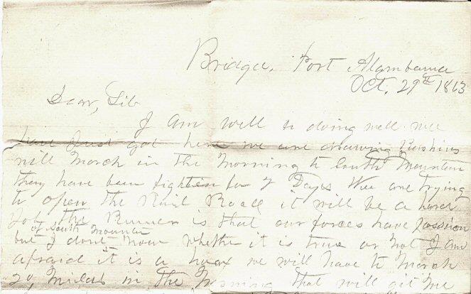 1863 Letter of Unknown Union Soldier at Bridgeport, Alabama, and headed for Chattanooga, Tennessee.